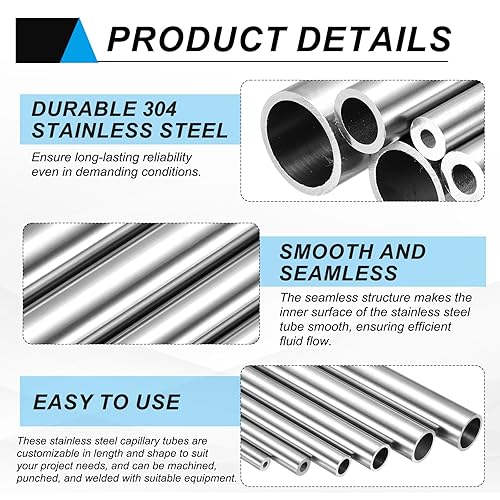 Miniatura 4 de uxcell 2 tubos de tubo capilar de acero inoxidable 304 de 0.222 in de identificación de 0.250 in de diámetro exterior de 11.811 in de longitud de