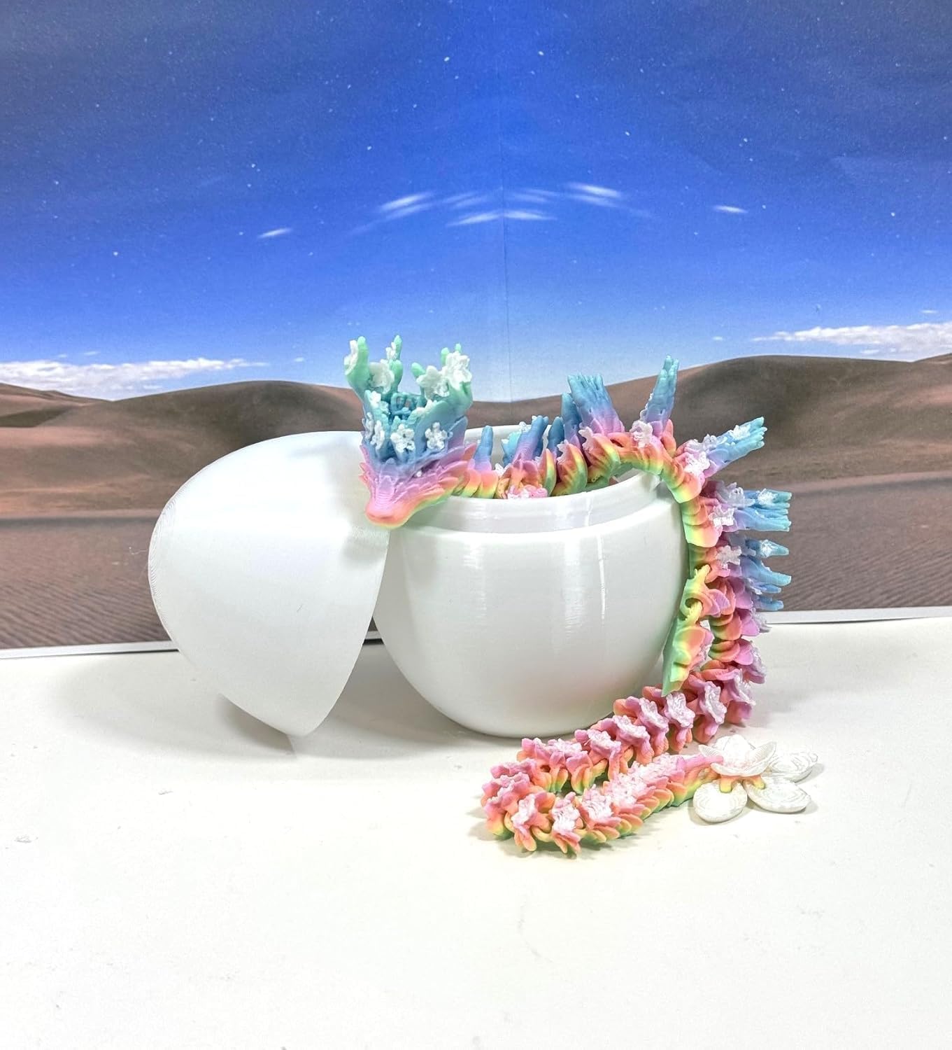 3D Printed Dragon, 12" Articulated Cherry Blossom with Egg, Rainbow Fidget ADHD Autism Toy, Home Office Decor Executive Desk Toy - D060-DR