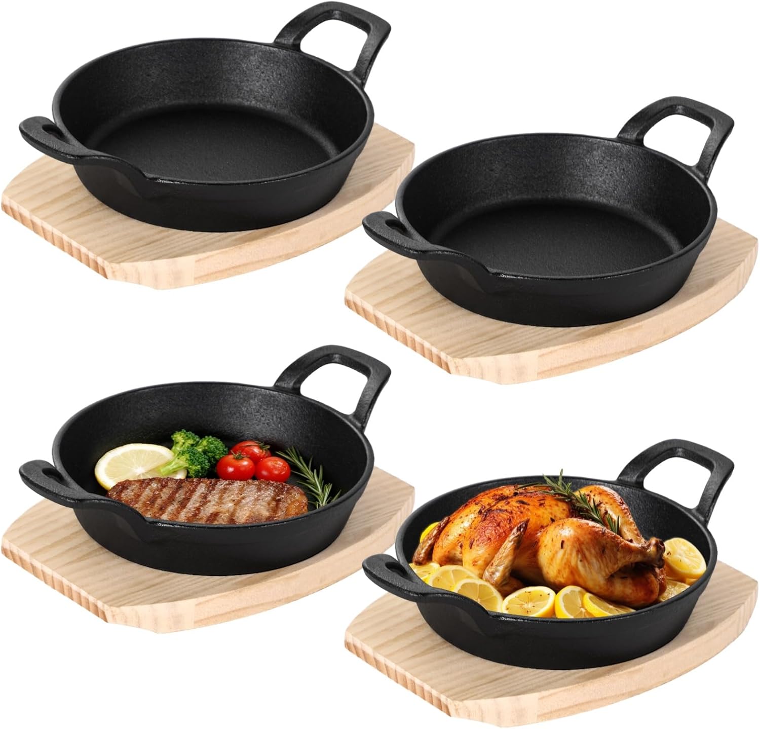 4 Sets Small Cast Iron Skillet with Wooden Base, 6.3 Inch Mini Cast Iron Skillet Pan Round Fajita Plate Hot Steak Pot Dish for Stove, Oven (6.3 Inch)