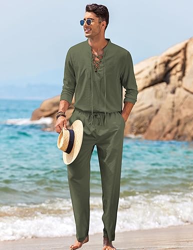 Miniatura 3 de COOFANDY Conjunto de 2 piezas de lino para hombre, camisas Henley de manga larga, pantalones casuales de playa con bolsillos, trajes de yoga de