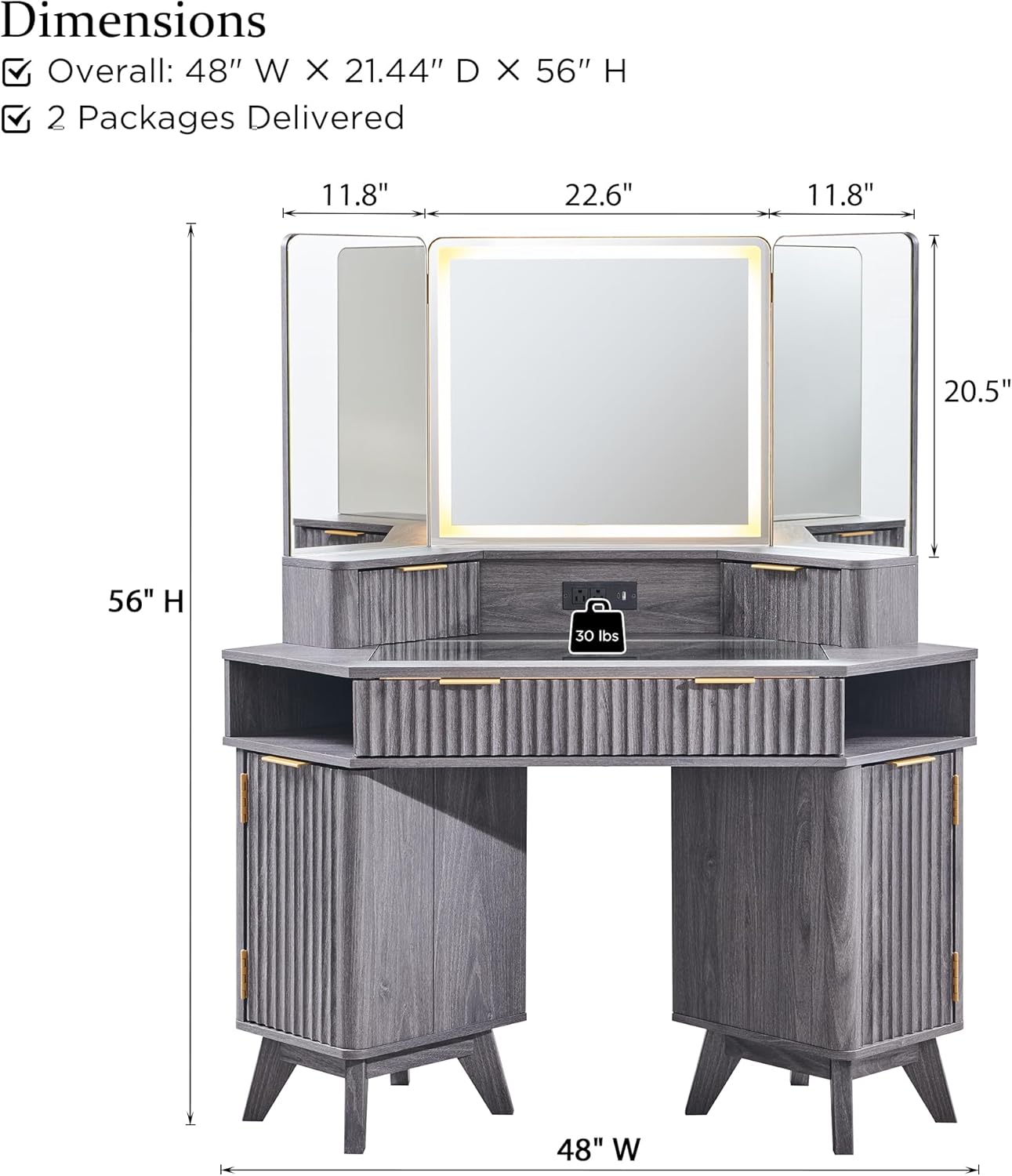 Diagram showing the overall dimensions of the T4TREAM Fluted Makeup Vanity Desk