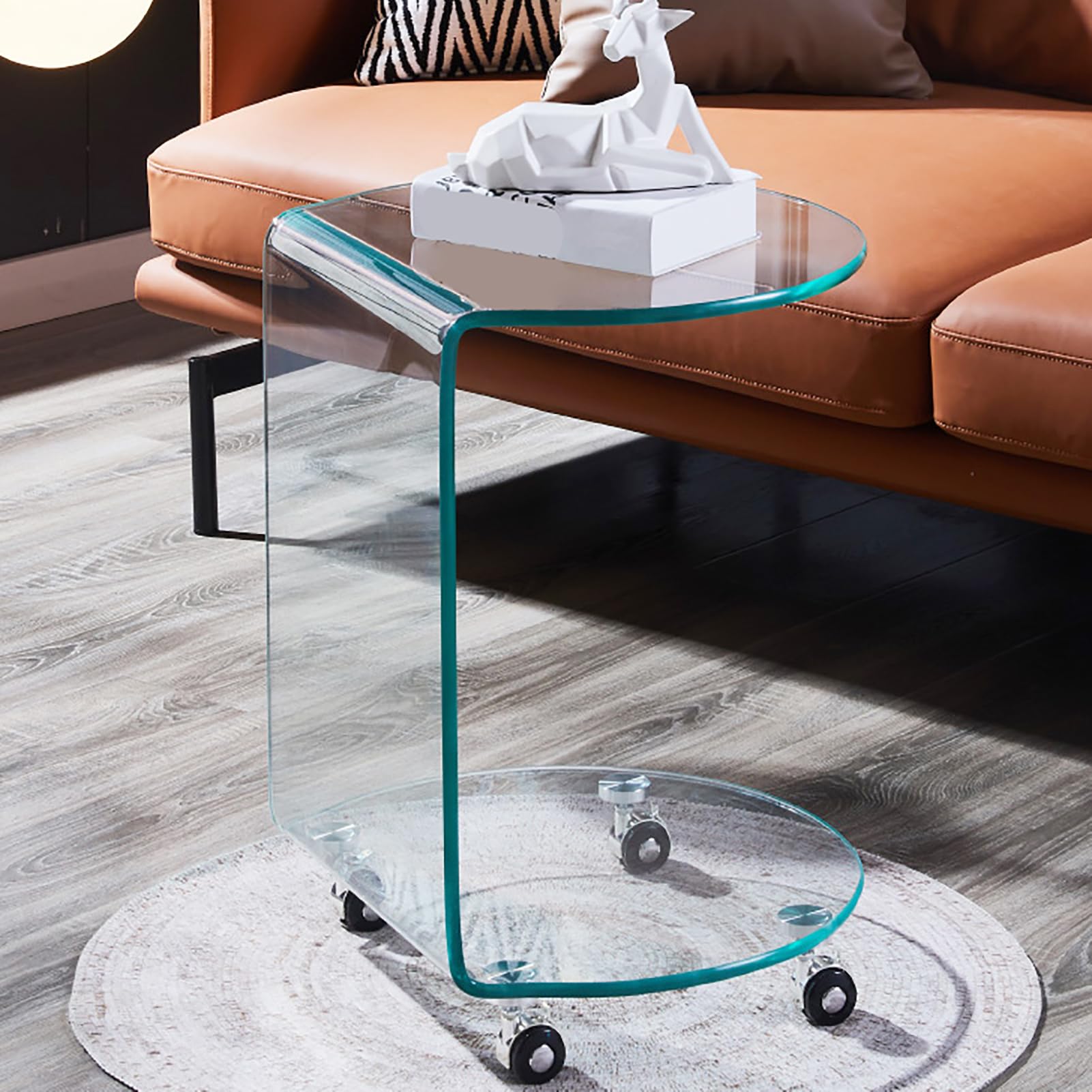 Mesa auxiliar con ruedas en forma de C, moderna mesa auxiliar de 2 niveles con estantes de almacenamiento, mesa de centro de vidrio templado transparente para sala de estar y dormitorio