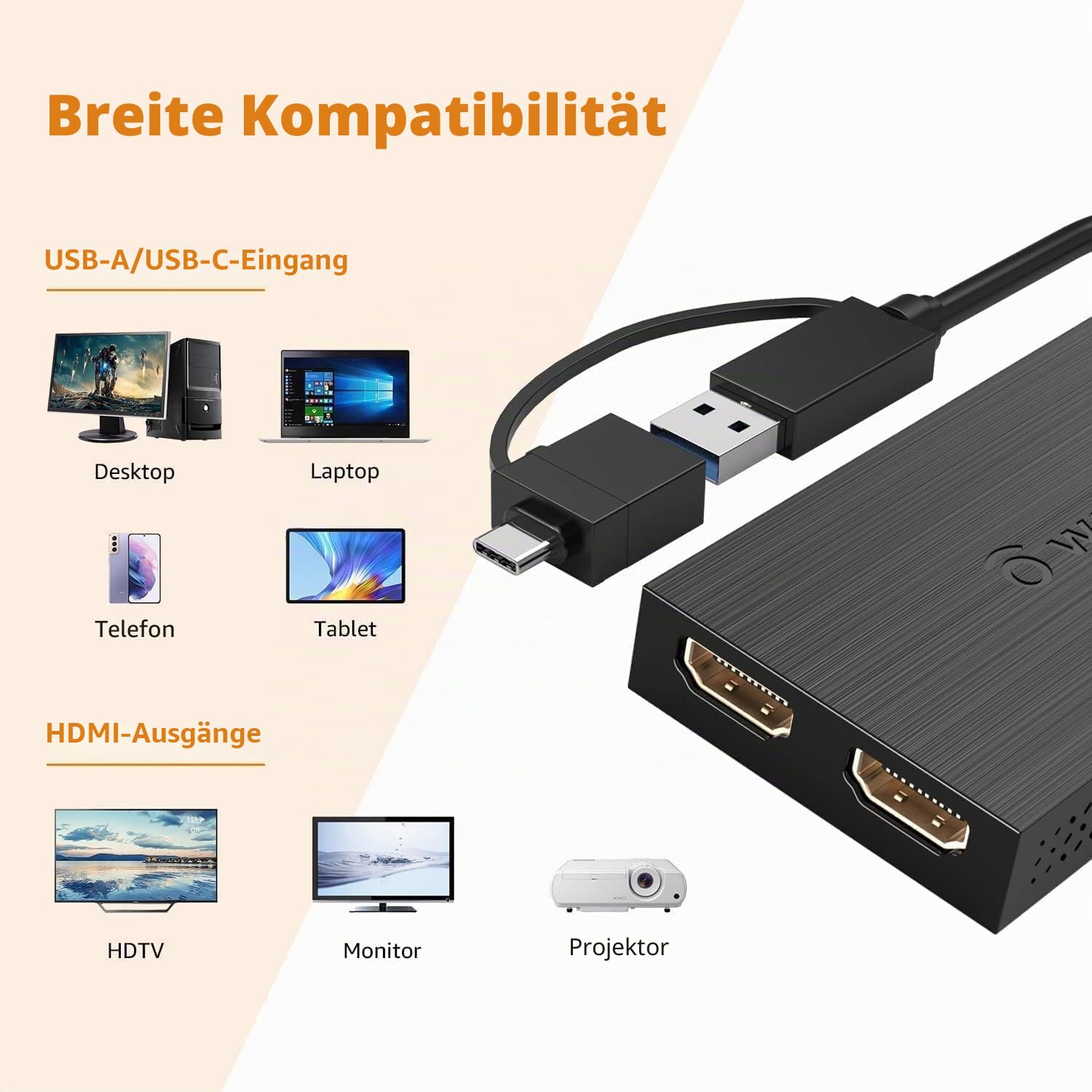 WAVLINK USB 3.0 oder USB C auf HDMI Adapter für Zwei Monitore, Universeller Video-Grafikadapter für Mac und Windows, Thunderbolt 3/4, USB 3.0 oder USB-C, 1080p@60Hz