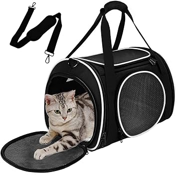 Cat Carrier, Pet Carrier for Small Medium Cat Dog Puppy, Pet Carrier Airline Approved, 5 Ventilation Mesh, 4 Doors, Double Safety Zipper, Foldable Fabric (Black with White)