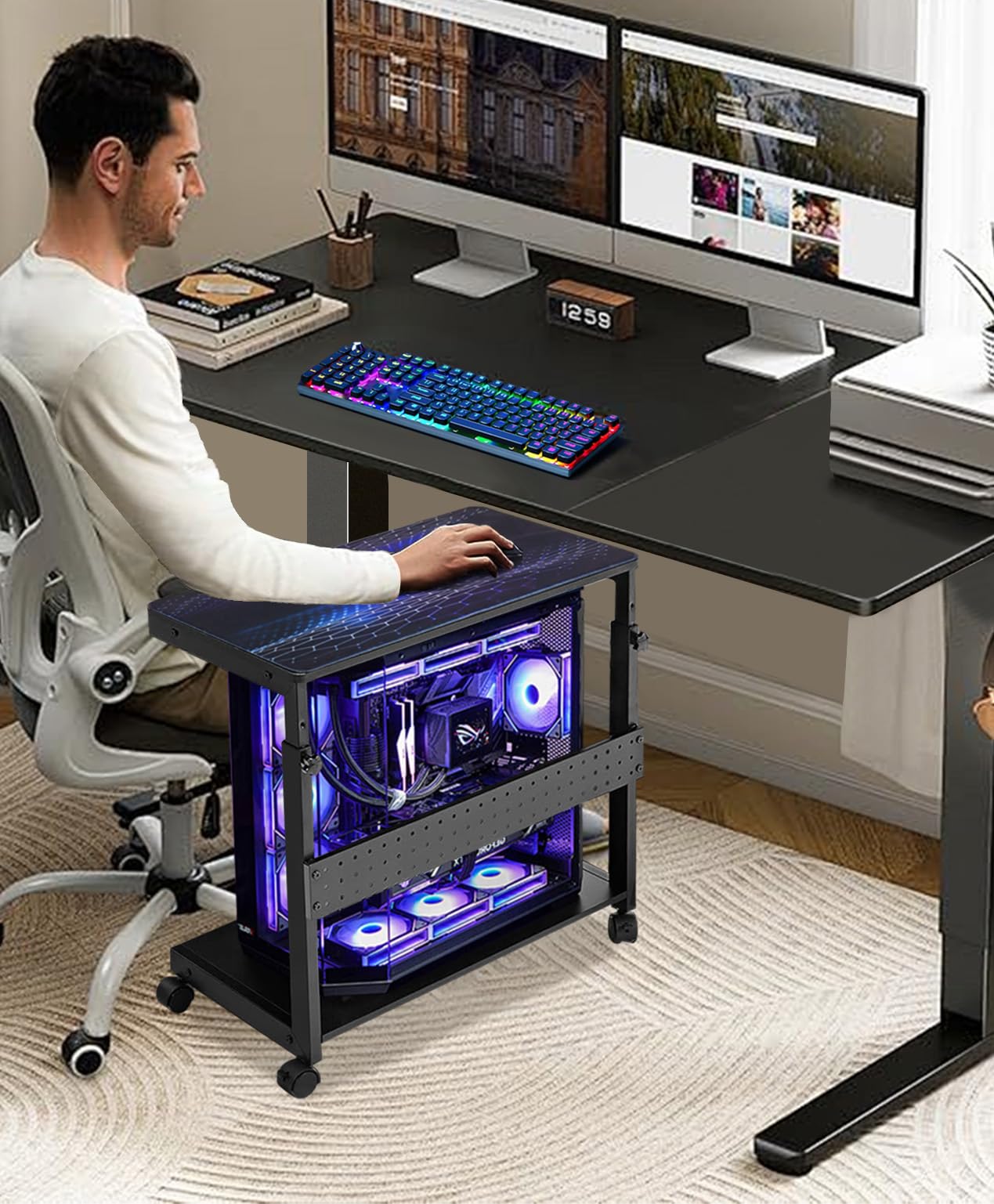 support pour processeur à 2 couches - Réglable en hauteur - Boîtier ATX - Imprimante de bureau - Avec roulettes et tapis de souris