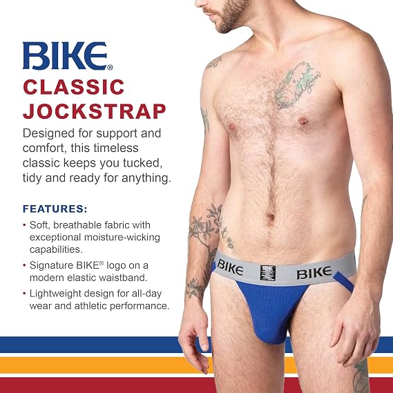 Bike Athletic Classic Jockstrap, Soft Cotton Supporter Pouch, 2 Inch Comfort Elastic Waistband, Sport and Style Support