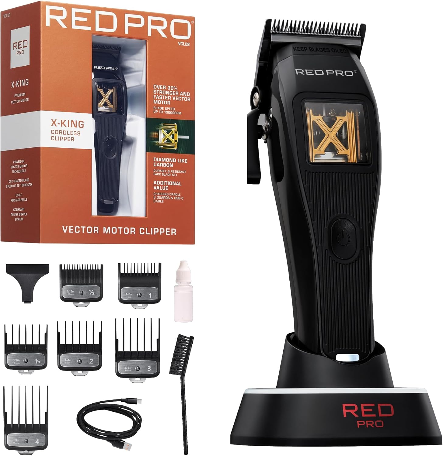 RED Pro X-King Cordless Hair Clipper for Men Hair Cutting, Strong & Fast Vector Motor, DLC Diamond Like Carbon Coated Blade, Rechargeable USB-C Charging Cradle, 6 Guards (Black)
