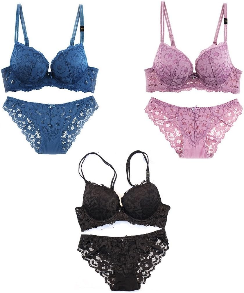 3 Pack Sexy Lace Embroidery Flowers Women's Push Up Bra Panties Underwear
