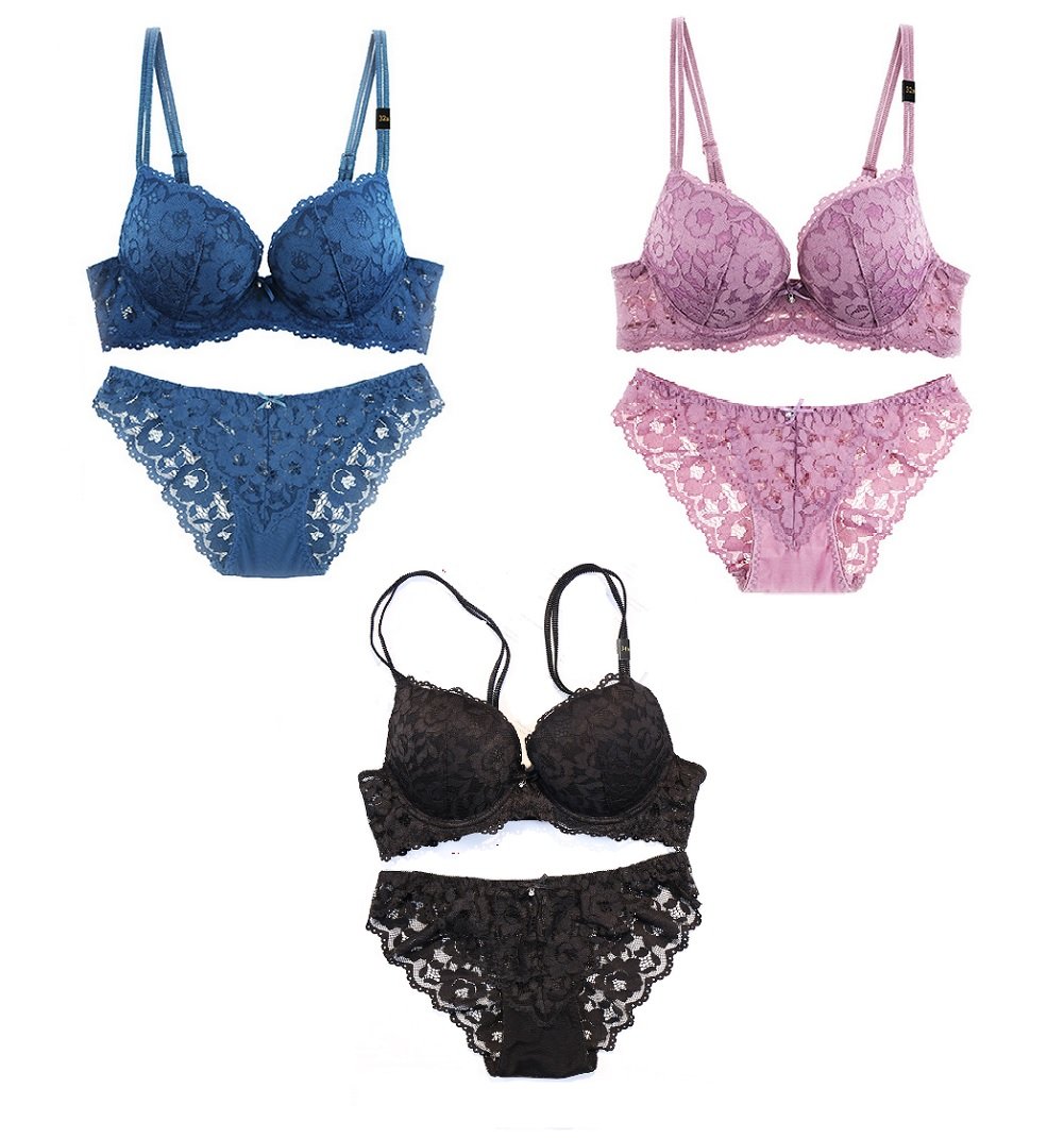 Mikah617 3 Pack Sexy Lace Embroidery Flowers Women's Push Up Bra Panties Underwear