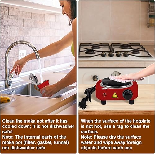 Miniatura 9 de Juego de cafetera de café expreso 2 en 1 con estufa eléctrica, estufa de aluminio de 3 tazas, cafetera percoladora italiana clásica moca cafetera