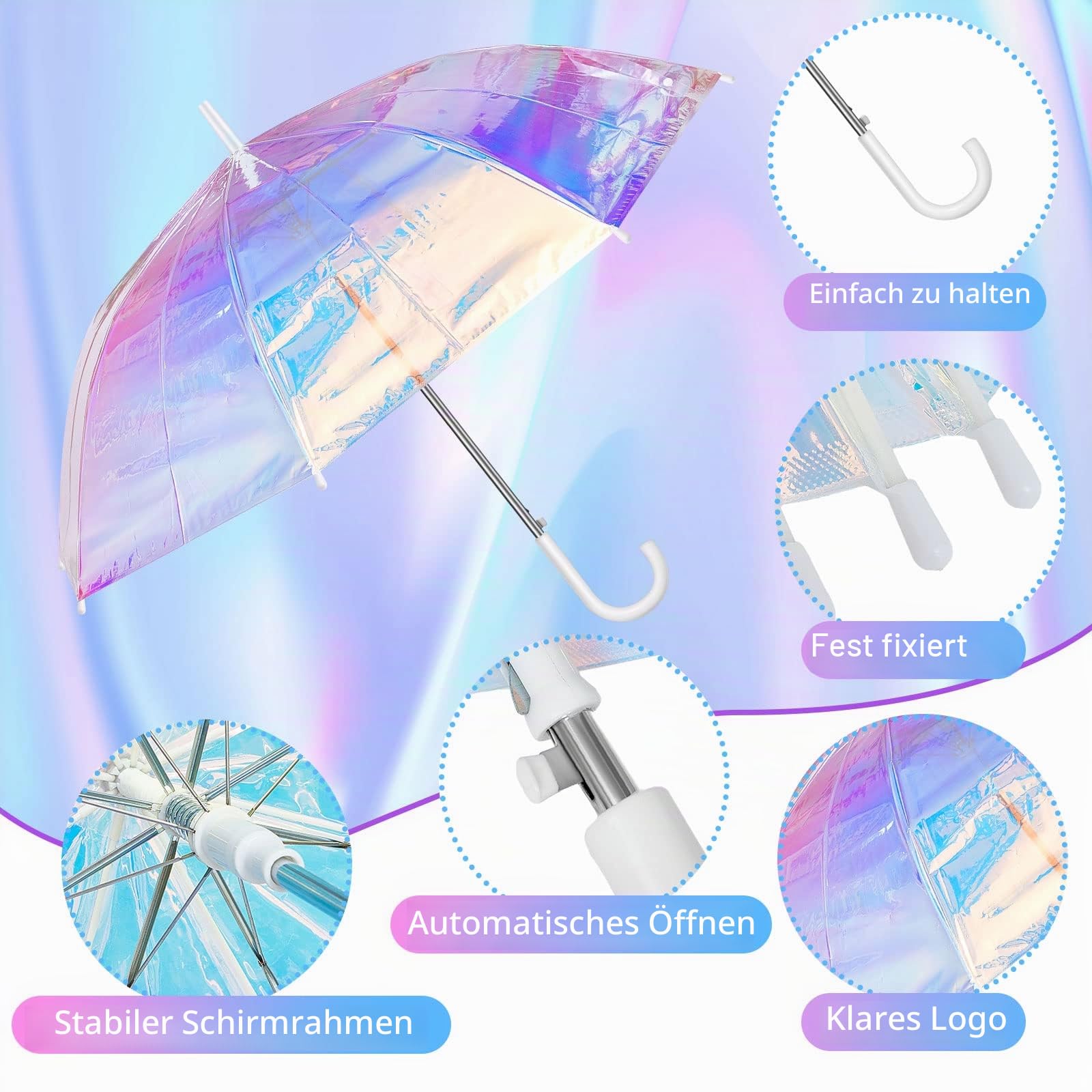 Dunzy Holografischer breiter Regenschirm, schillernd, klarer Regenschirm für Hochzeit, automatisches Öffnen, Winddicht, Sonnenschirm, J-Haken-Stick, Regenschirm, 99 cm (2 Stück)