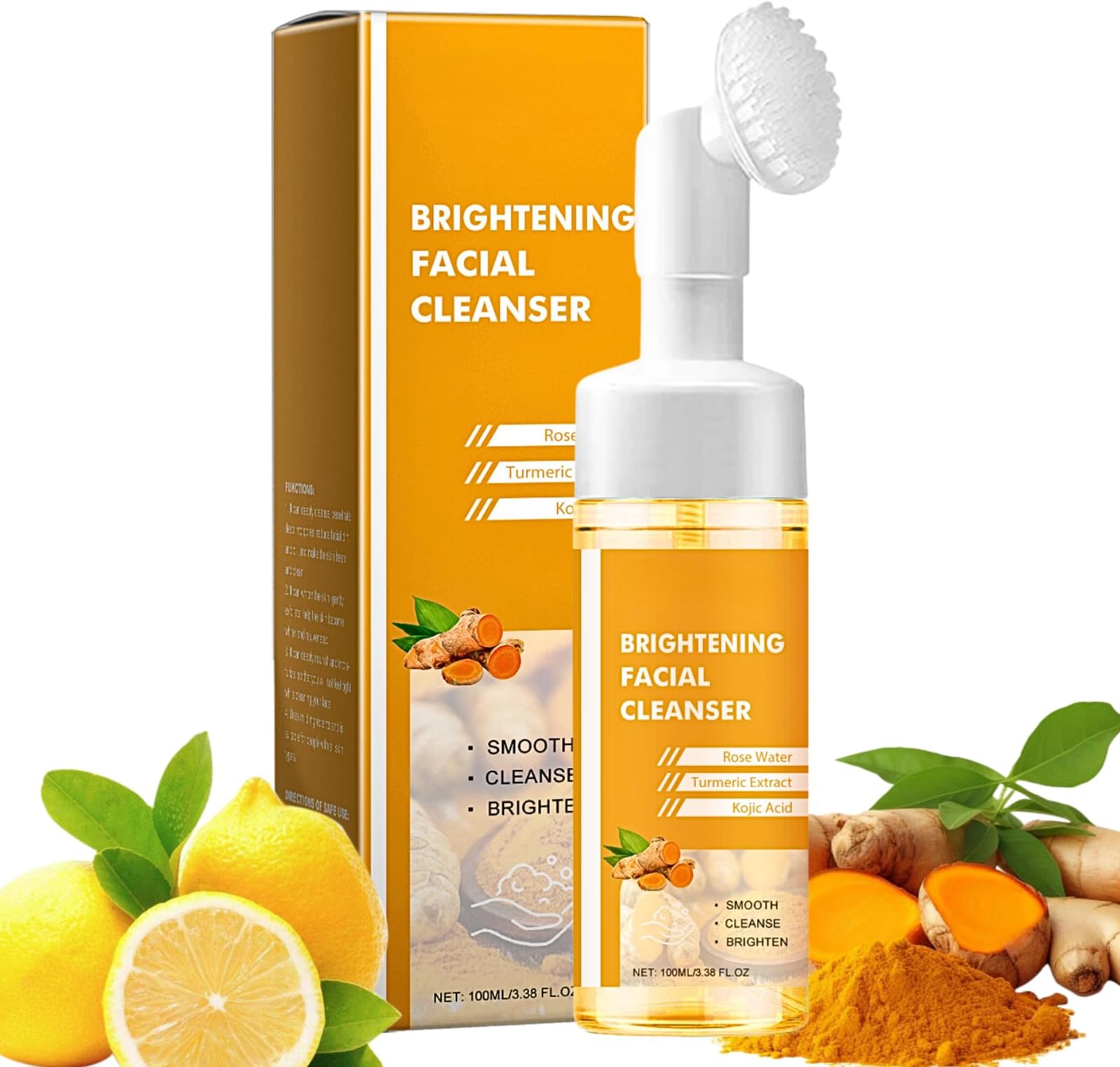Brightening Face Wash, Turmeric Kojic Acid Foaming Facial Cleanser, Turmeric Face Wash with Brush, Foaming Face Cleanser Women for Skin Tone, Reduce Blemish & Acne, Gentle Cleanser for Hydrate Skin