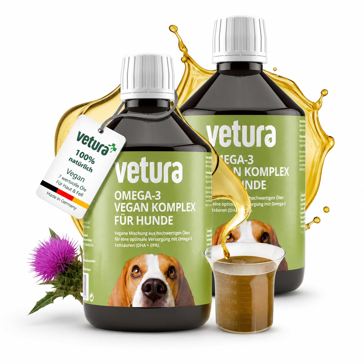 Omega-3 Öl Hund 100% vegan 2x500ml - Algenöl & DHA für Haut & Fell | Über 30 % Omega-3 (DHA & ALA) für eine ausgeglichene Nährstoffzufuhr im täglichen Futterplan, ideal zur BARF-Fütterung.