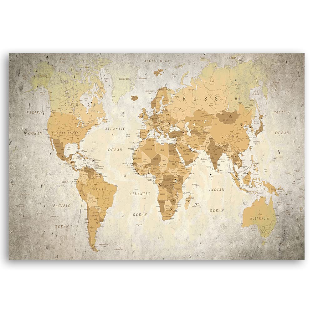 Feeby Quadro Tela Non Tessuta Continenti Mappa politica del mondo Geografia 120x80 cm d' Arte Moderna Decorazione Murale Estetica Oceani Mappa di contorno Astrazione beige