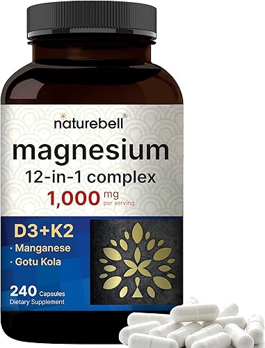 NatureBell Complejo 12 en 1 de magnesio 1,000 mg, 240 cápsulas Suplemento de magnesio con glicinato, citrato, taurato, más vitamina D3 K2,