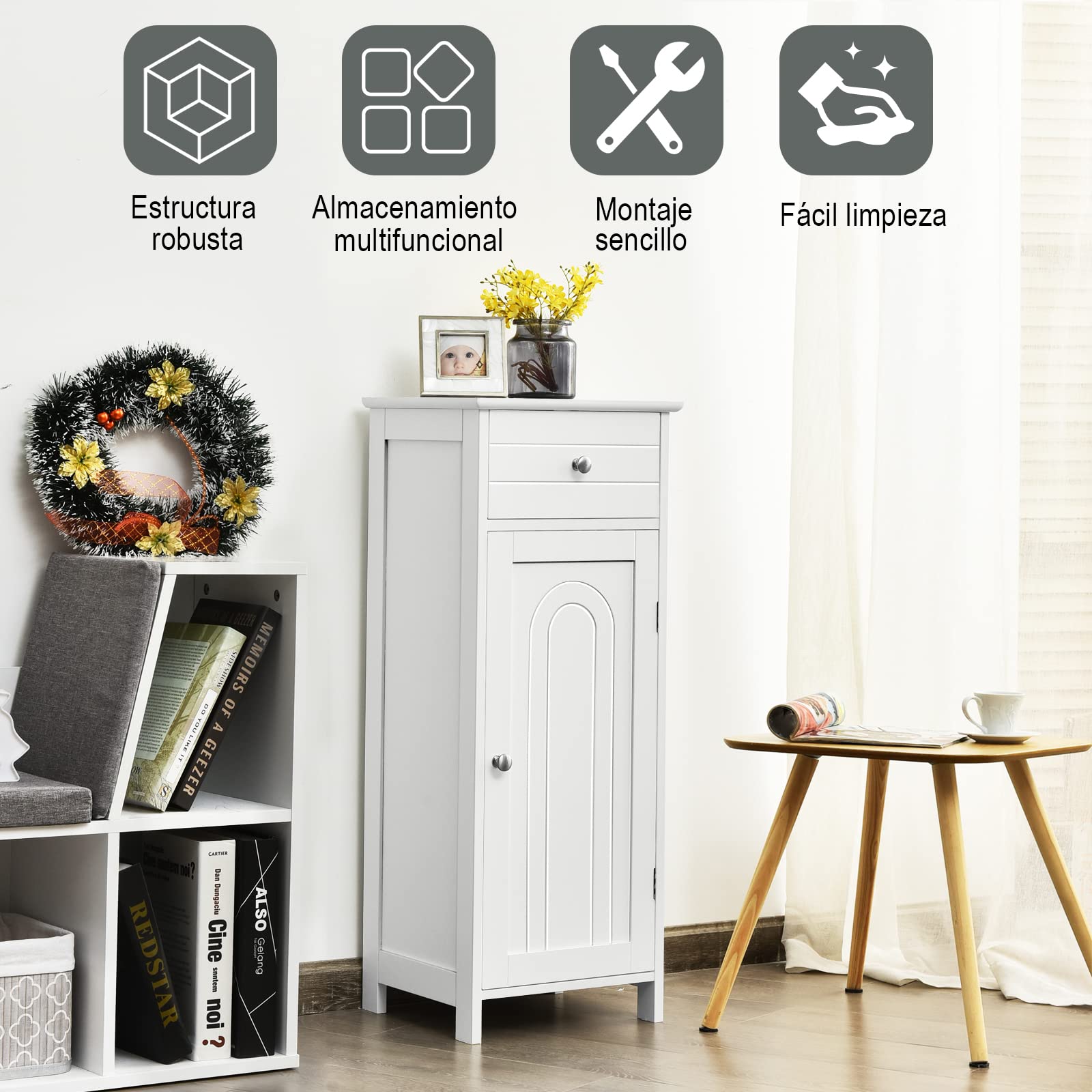 COSTWAY Armario de Pie para Baño Organizador, Madera con Cajón Mueble Aparador Lateral para Cocina Salón Almacenamiento 35.6 x 30.5 x 88cm (Blanco)