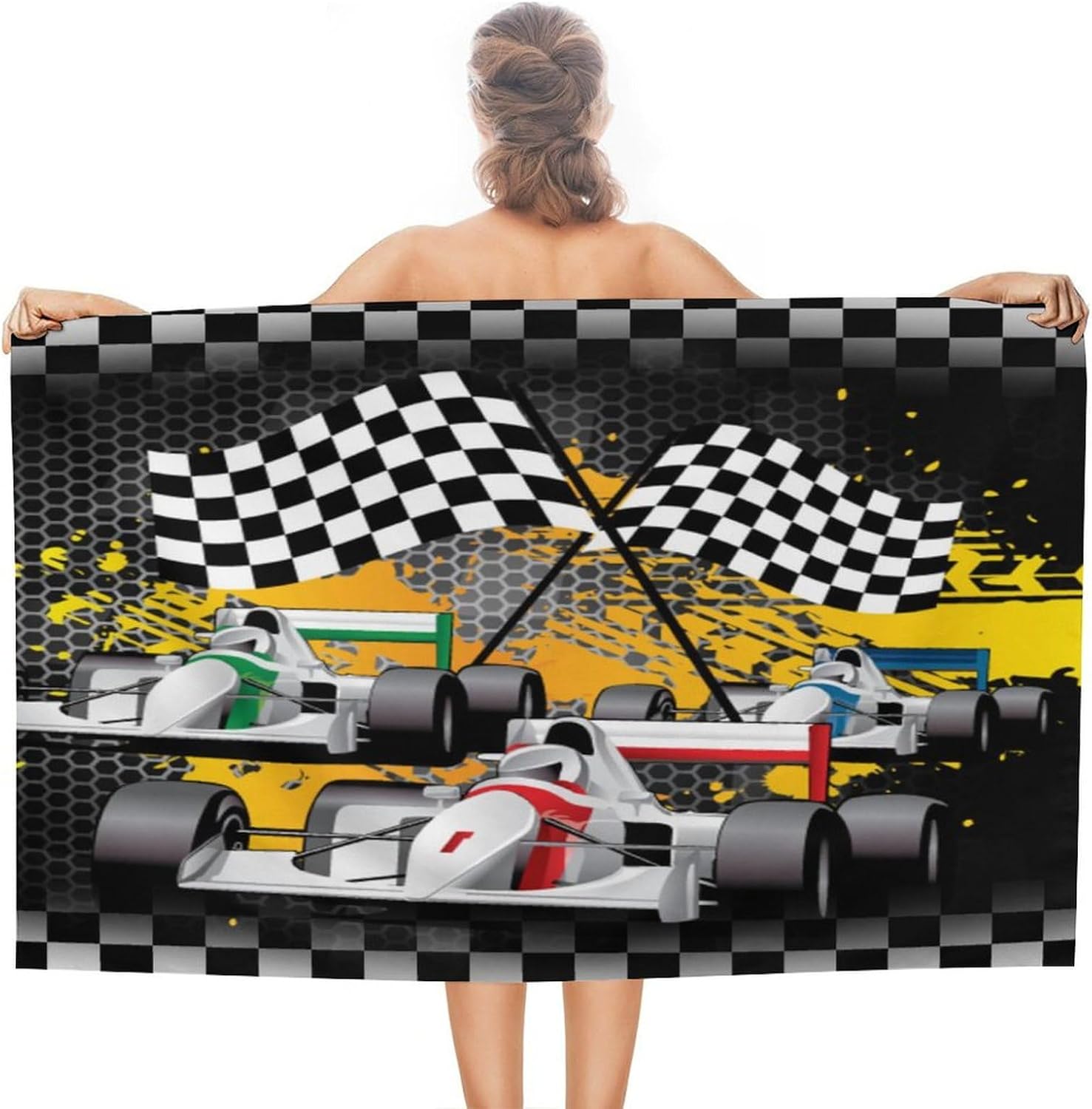 Brebasf Modern Checkered Racing Flag Beach Towels Oversized Lightweight for Adults 31W x51L,Abstract Modern Sports Theme Race Car Black & White Racing Flag Beach Towel Quick Dry Soft