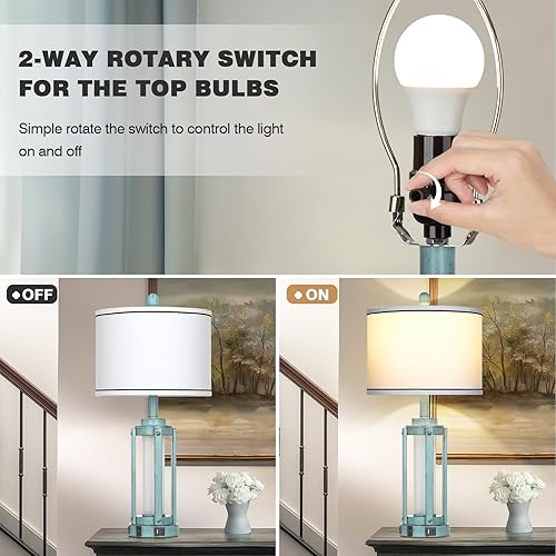 Miniatura 7 de Lámpara de mesa para sala de estar, lámparas de granja industriales rústicas vintage con puertos de carga USB A+C y salida de CA