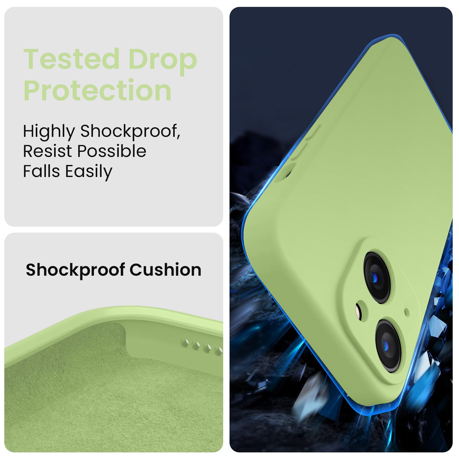 FireNova Funda para iPhone 14, silicona mejorada [protección de cámara] con [2 protectores de pantalla], forro interior de microfibra suave antiarañazos, 6.1 pulgadas, verde té