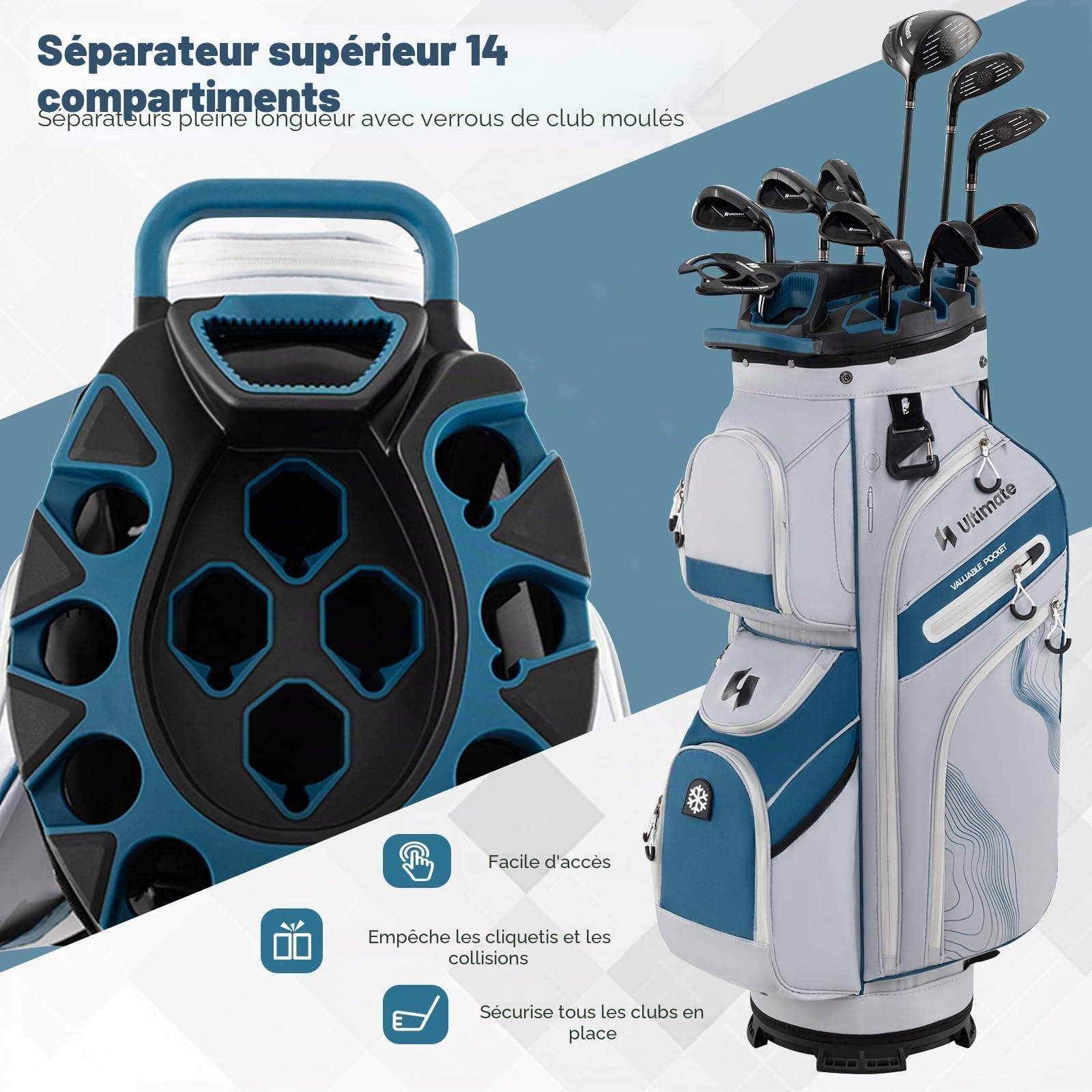 LIFEZEAL Sac de Golf avec 14 séparateurs, Sac de Golf avec 11 Poches, Ceinture de Rangement Portable avec Sangle rembourrée, réfrigérateur, poignées, Support de Parapluie