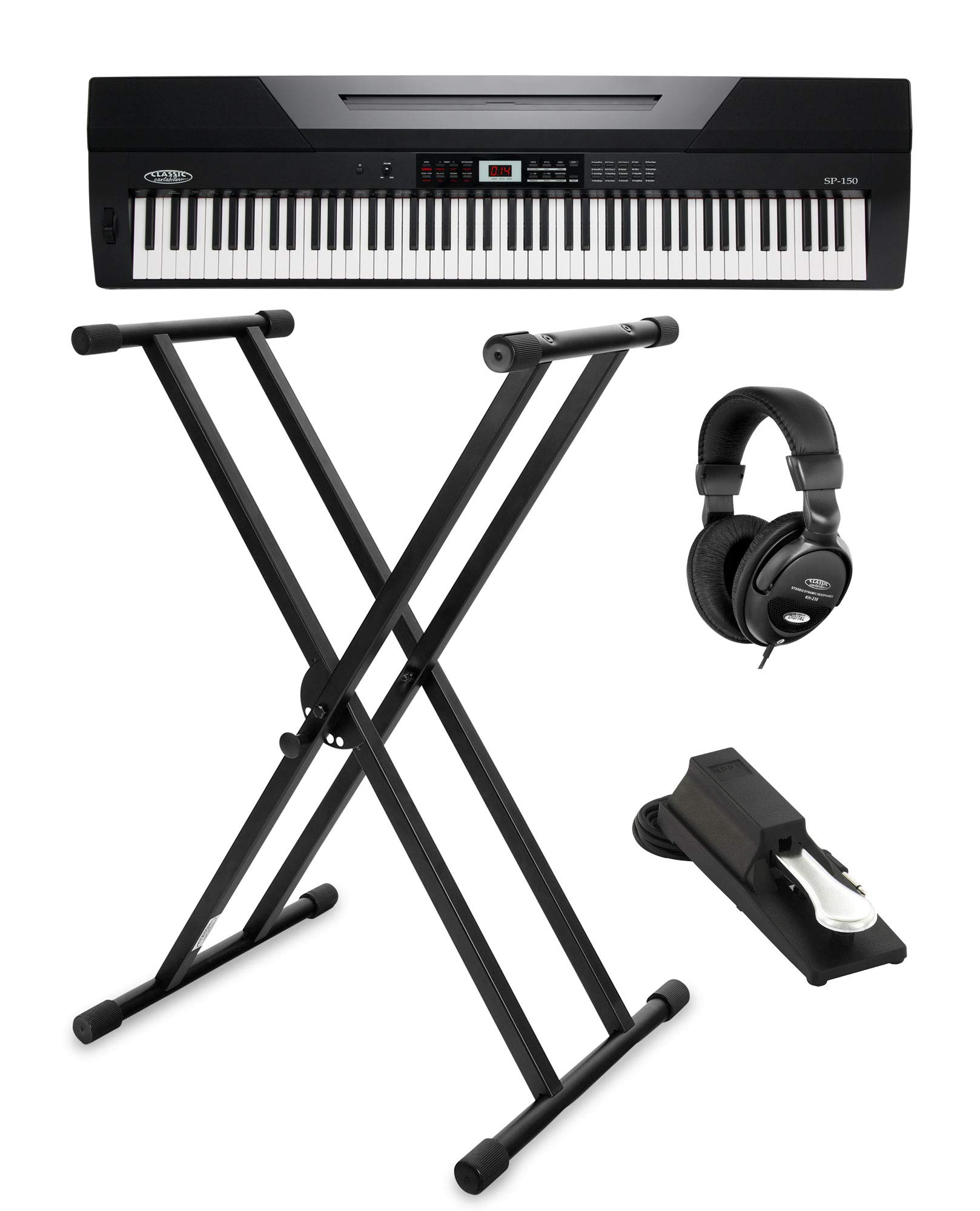 Classic Cantabile SP-150 BK Stagepiano schwarz Set inkl. Ständer, 20 Voices | 88 Soft-Touch Tasten mit Anschlagdynamik, Max. Polyphonie: 64 Stimmen, 60 Songs, 50 Styles, 2 Demo, Funktionen: Transpose