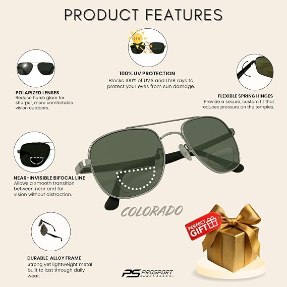 proSPORT Aviator Polarized Bifocal Reader Sunglasses Fishing Smoke Lens Gun Metal Men Women Square 1.50 2.00 2.50