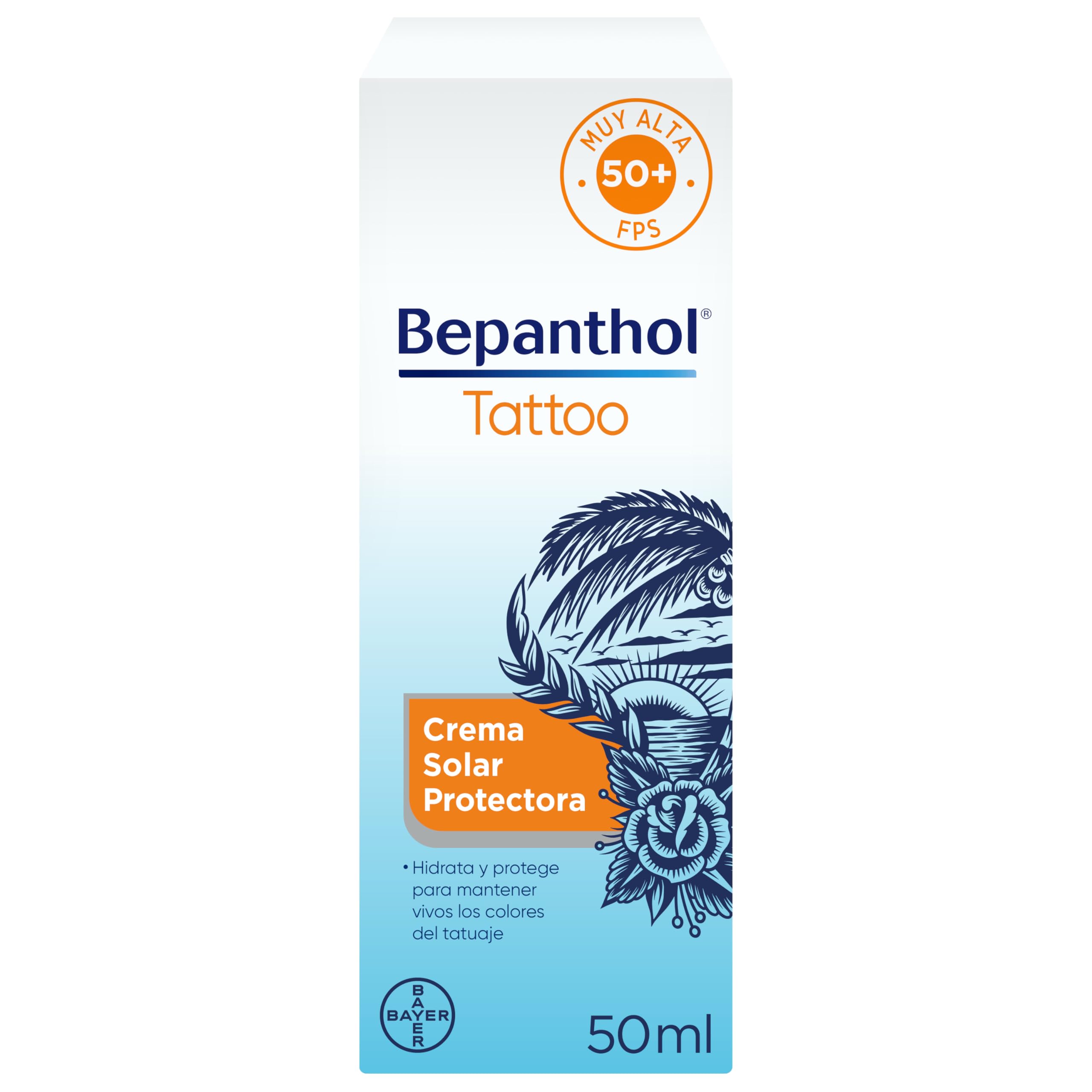 Bepanthol Tattoo Crema Solar 50, Proteccion Solar para Tatuajes SPF50, 50 ml
