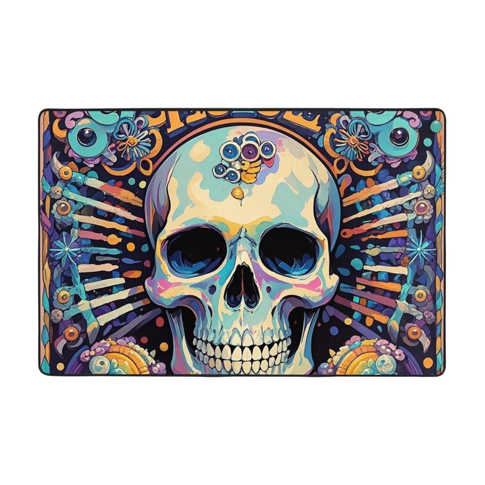 Tapis de sol salon vintage motif tête de mort antidérapant lavable décoration intérieur style ferme