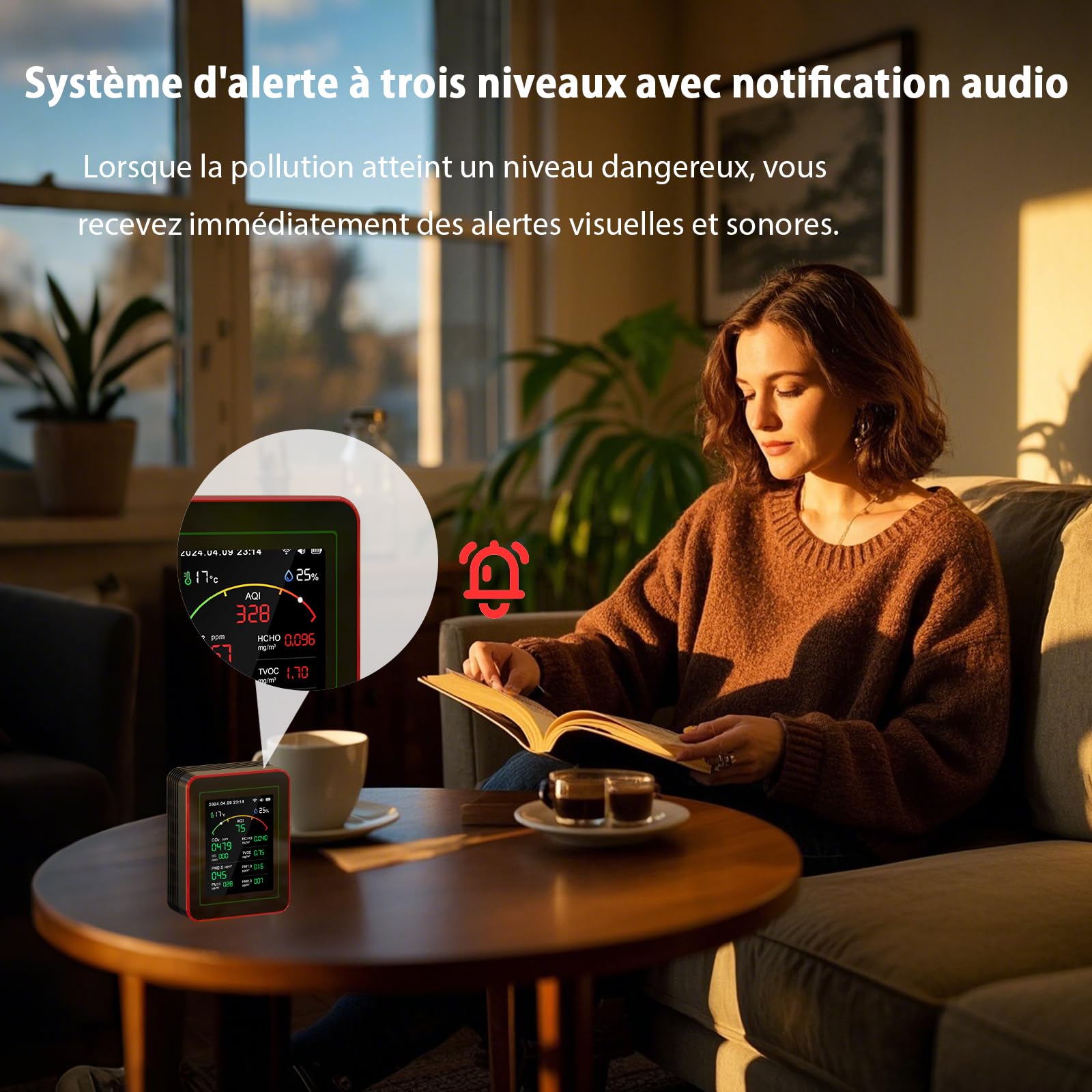 Monitor de calidad del aire 15 en 1 con aplicación para teléfonos inteligentes: sensor CO₂, medición PM2.5/PM10, VOC, HCHO, analizador de calidad del aire interior con AQI en tiempo real