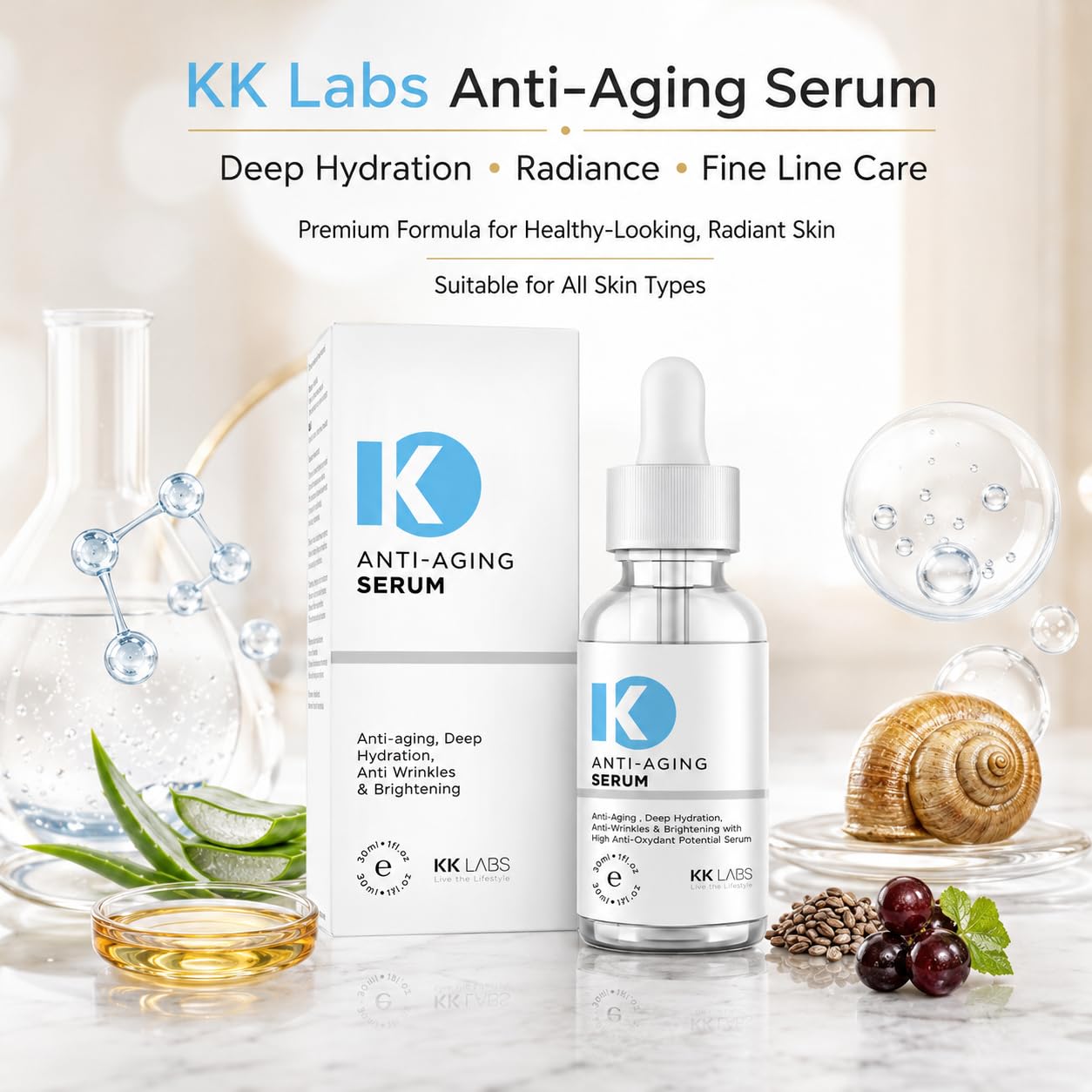 KK Labs Anti-Aging Face Serum 30ml - Lightweight Daily Serum to Target the Look of Fine Lines and Dullness for Smoother, Firmer-Looking, More Radiant Skin, Layers Under Moisturiser