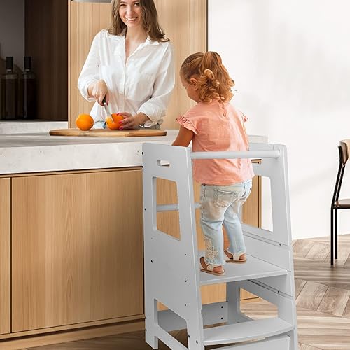 Miniatura 2 de Taburete de cocina para niños pequeños, torre para niños pequeños con riel de seguridad, taburete para encimera de cocina, altura ajustable,