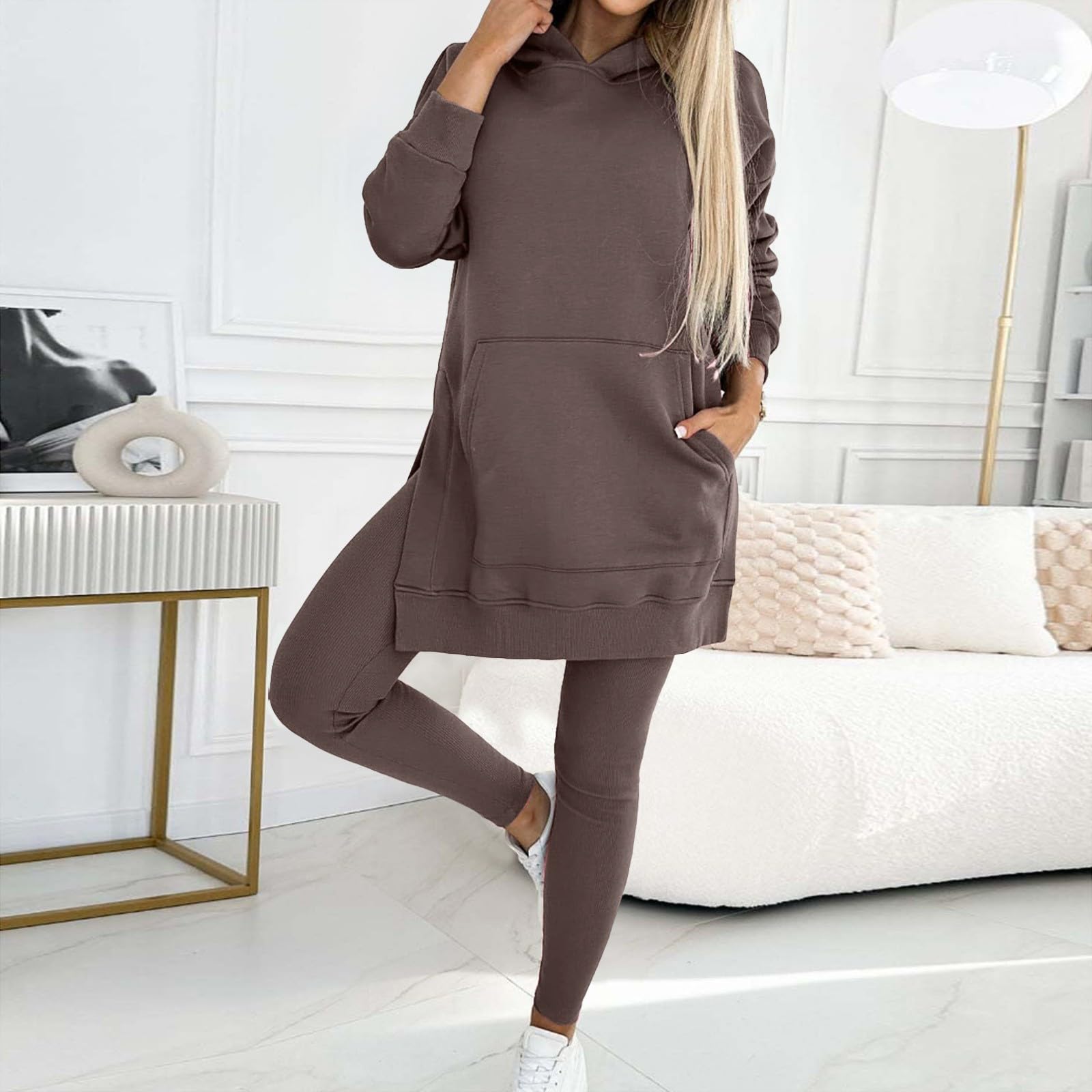 Felpa con Cappuccio e Pantaloni da Donna Moda Tuta da Ginnastica per e Donna Pantaloni Sportivi con Cappuccio Tinta Unita Pantaloni Sportivi Due Pezzi