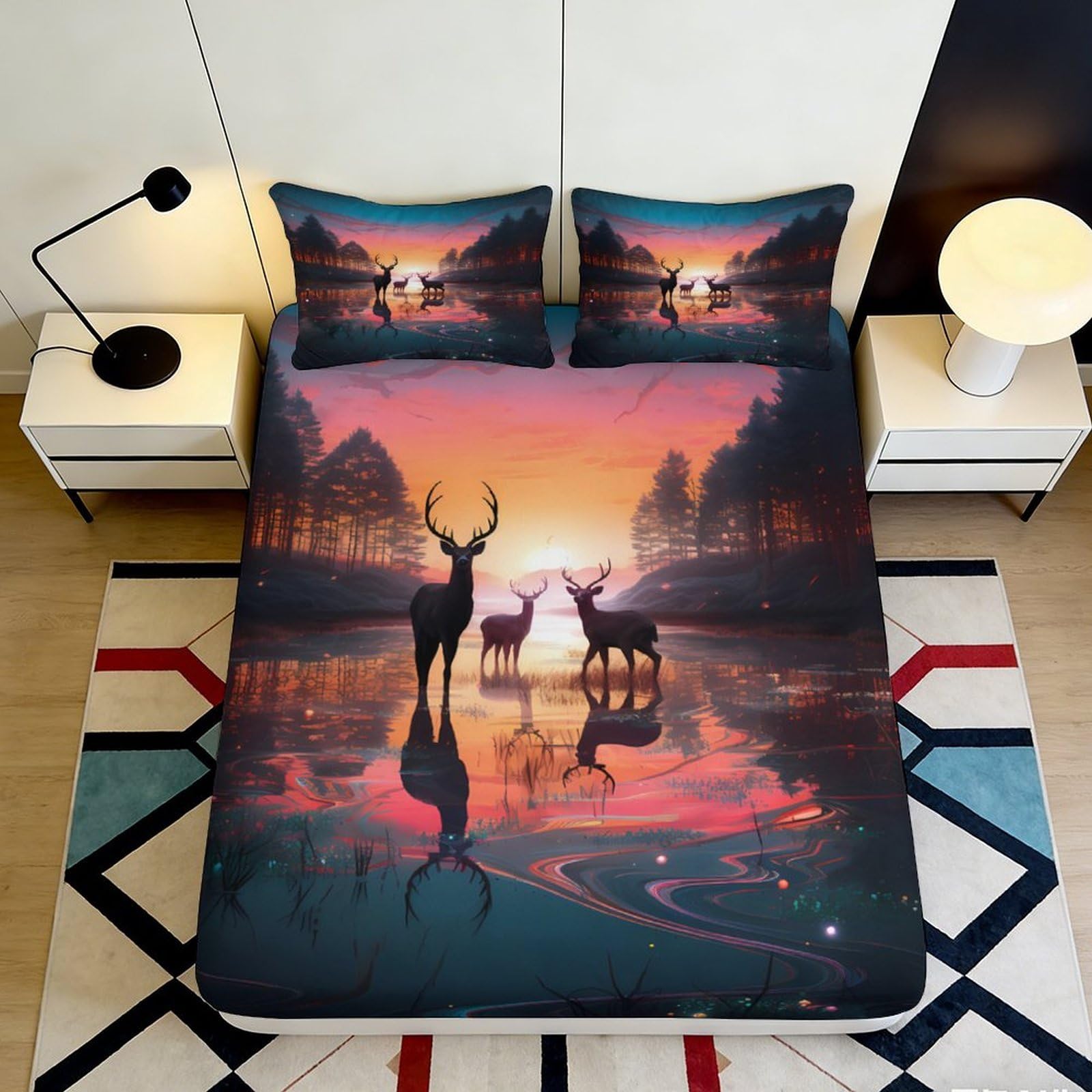 3D Printed Forest Sunset Deer Fitted Sheet Microfiber Soft Anti-Slip Mattress Cover Bedroom Decoration 90x200x25cm