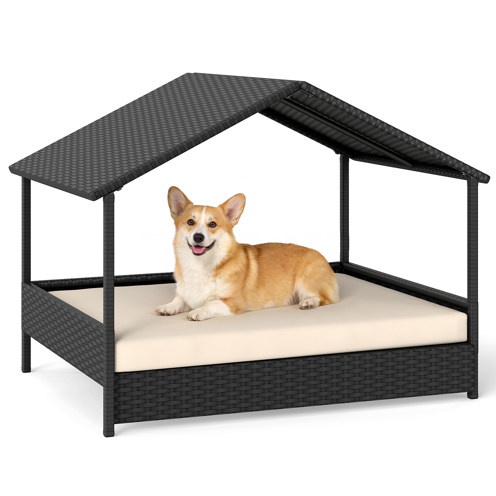 COSTWAY Caseta para Perros Exterior e Interior, Casa Perro de Ratán Grande con Dosel, Base Elevada, Cojín Removible, Estructura Metálica, Cama Elevada para Mascotas, Carga 60 kg, 98x69x74 cm (Beige)