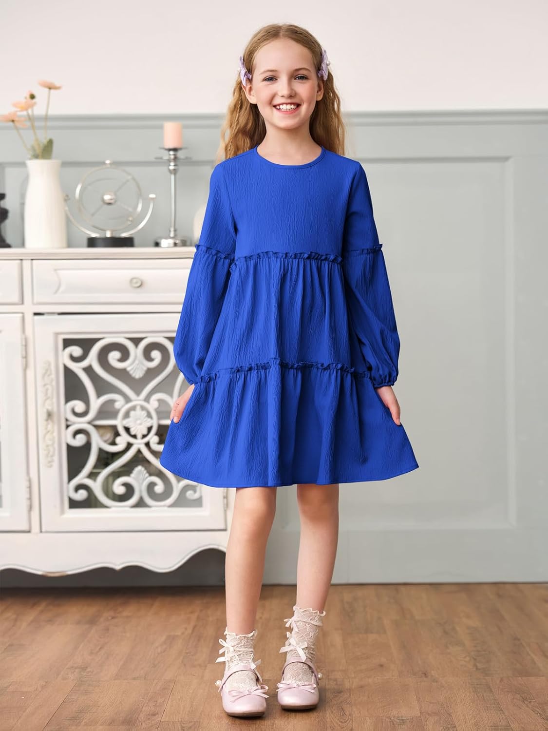 Girls Lantern Long Sleeve Dress Kids Flowy Tiered Ruffle Crewneck A-Line Fall Dresses 5-14 Years - Image 3