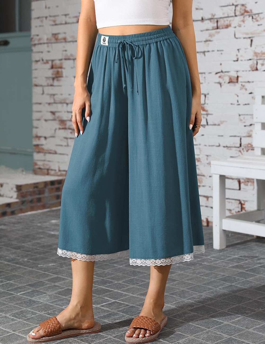 TARSE Women's Linen Culottes Wide Leg Flowy Capri Pants Palazzo Casual Drawstring Summer Loose Lace Capris with Pockets - Image 2