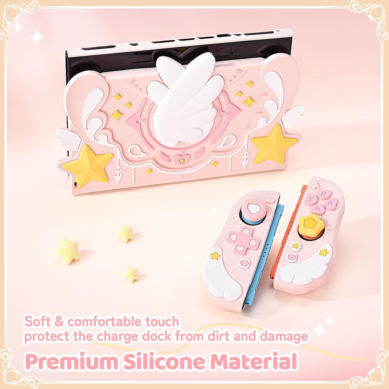 GeekShare Soft Silicone Faceplate Cover Compatible with Nintendo Switch 2 Charging Dock , Star Wings Series Soft Faceplate Protector - Anti-Scratch Dock Cover with Precise Cutouts (Pink)