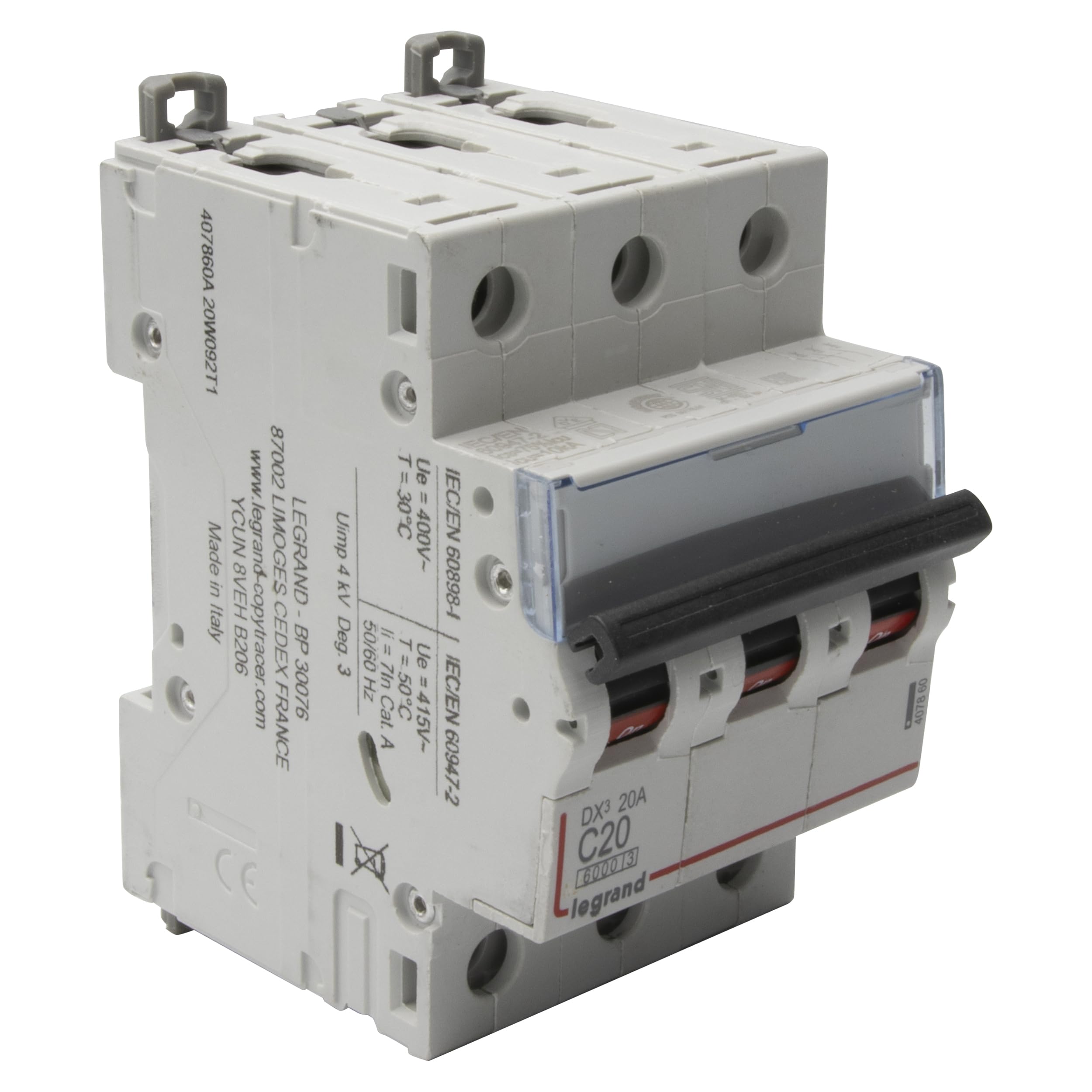 Legrand 407860E Interrupteur automatique magnétique thermique 3P, 20 A, courbe C, 10 kA, 3 modules, DX3