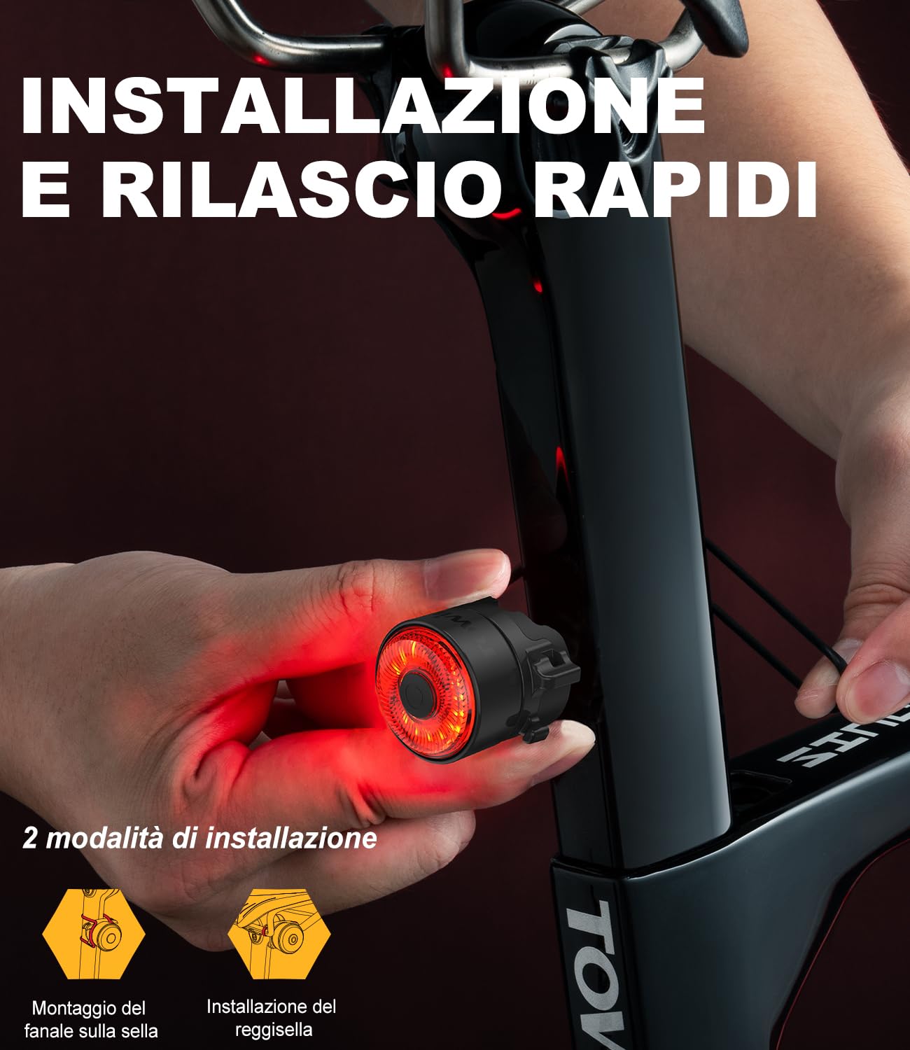 TOWILD TL03 Fanale Posteriore per Bici da Freno,Lampada Posteriore per Bicicletta Intelligente,Fino a 36 Ore di Illuminazione IPX6 5 Modalità Luce Posteriori Da Bicicletta Ricaricabile USB-C