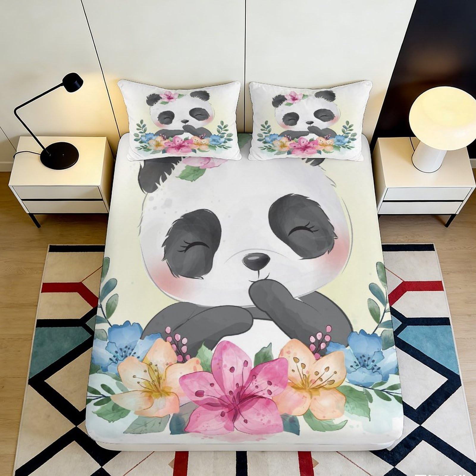3D Printed Cartoon Panda Fitted Sheet Microfiber Deep Pocket Non-Slip Bedroom Bedding Panda Mattress Fitted Cover Washable 200x200x25cm 90x200x25cm
