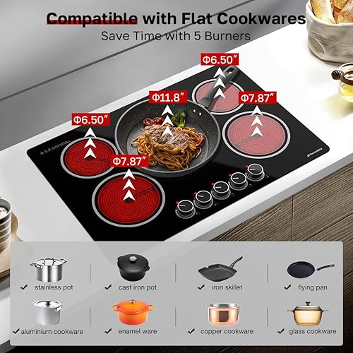 Miniatura 4 de ThermoMate Estufa eléctrica de 30 pulgadas, control de perilla de 5 quemadores, placa de cerámica integrada, estufa eléctrica radiante de 30