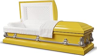Titan Casket Elegant Orion Series Handcrafted Steel Casket with Luxurious Bright Yellow Finish & White Crepe Interior, Reinforced Handles, Adjustable Bed with Gasketed Sealer