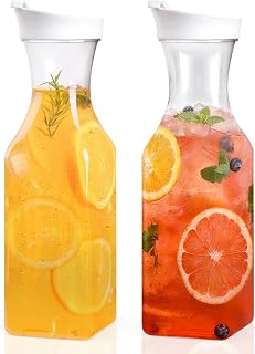 Set of 2 50oz BPA-Free Plastic Carafes with Lids - Square Base Juice Pitchers for Mimosas, Parties, Fridge & Cold Brew