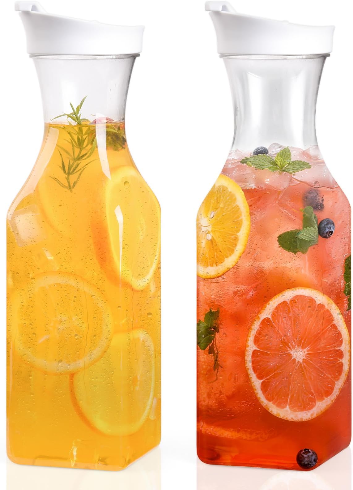 Set Of 2 Plastic Carafe With Lid, 50 Oz Mimosa Bar Supplies, Large Plastic Water Pitcher, Square Base Juice Containers For Party, Milk Container, Beverage Containers For Fridge- HAND WASH ONLY