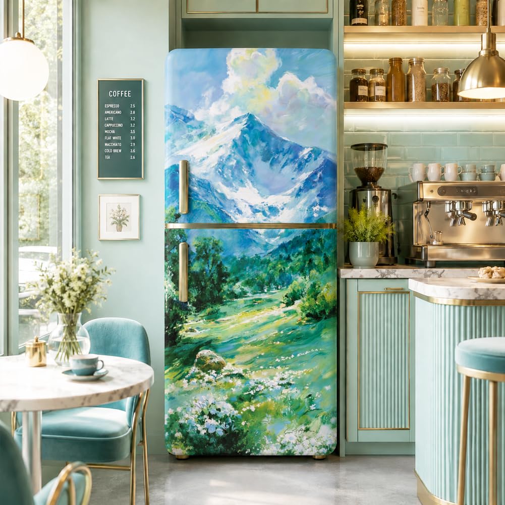Sticker porte frigo montagne amovible pour masquer les rayures de cuisine