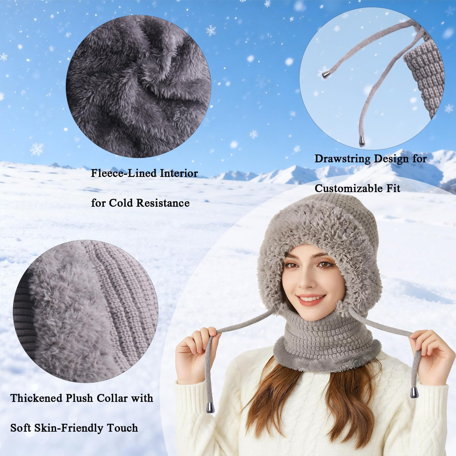 3 in 1 Beanie Hat with Scarf and Mask, Women’s Plush-Lined Winter Balaclava, Wind-Resistant Knitted Hooded Scarf & Ski Mask Set for Cold Weather (Grey) - Image 4