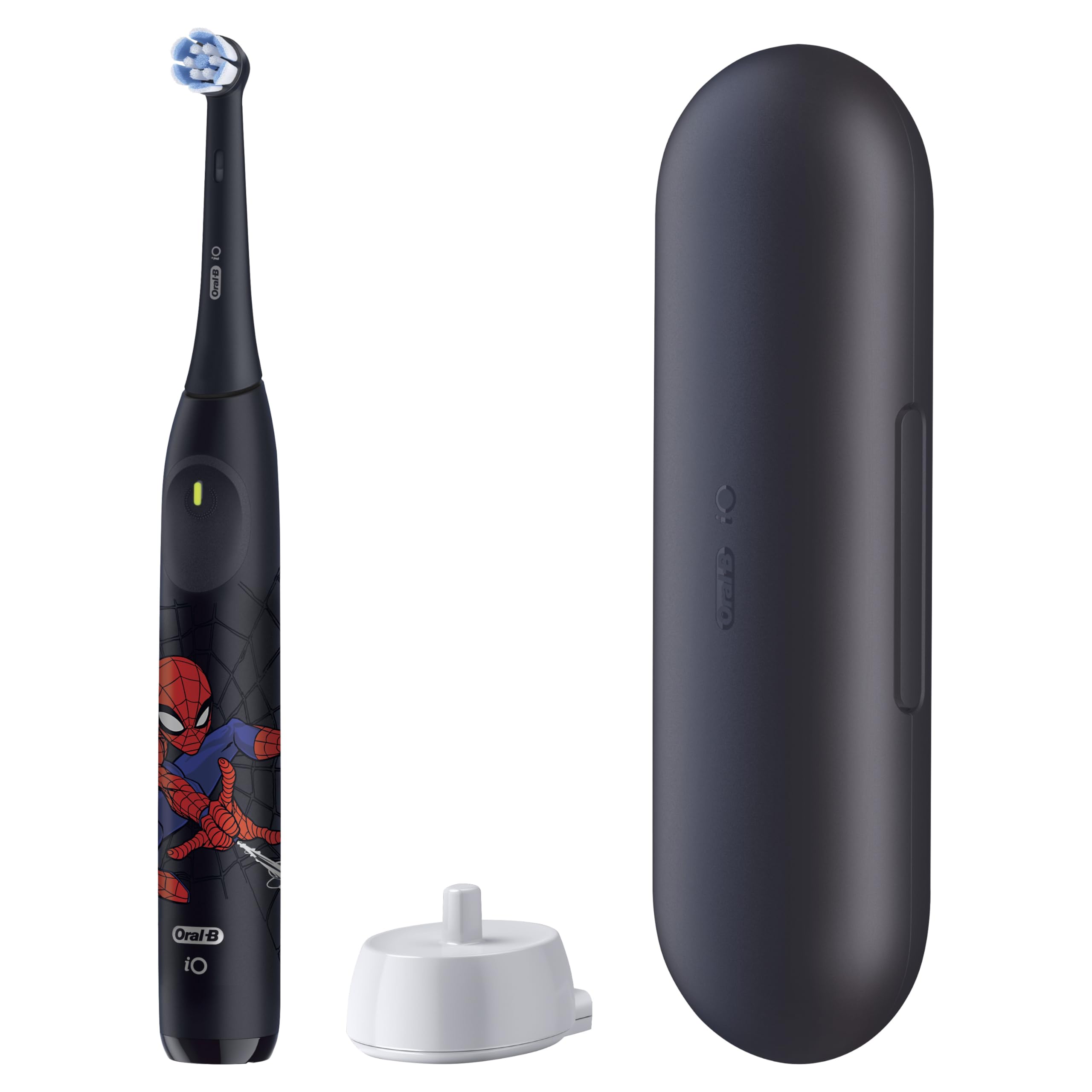 Oral-B iO Kids Limited - Cepillo de dientes eléctrico recargable, Spiderman con 1 cabezal de cepillo de cuidado suave, sensor de presión automático para proteger las encías, 3 ajustes de limpieza