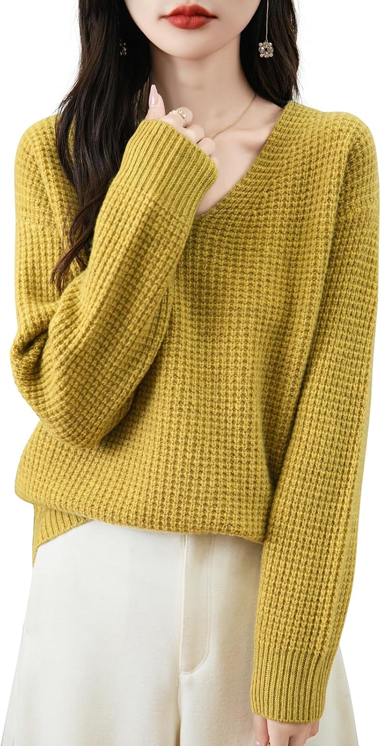 Chanyarn Women's 100% Merino Wool Sweater 2025 Fall Winter Casual V Neck Long Sleeve Waffles Knit Sweater Pullover