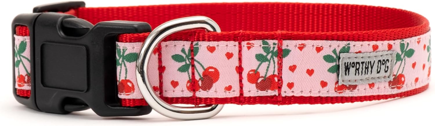THE WORTHY DOG Everyday Cherries Jubilee Collar – Comfortable, Durable Nylon Webbing with Woven Ribbon, Strong Quick-Release Buckle & Nickel-Plated D-Ring – Pink, Medium