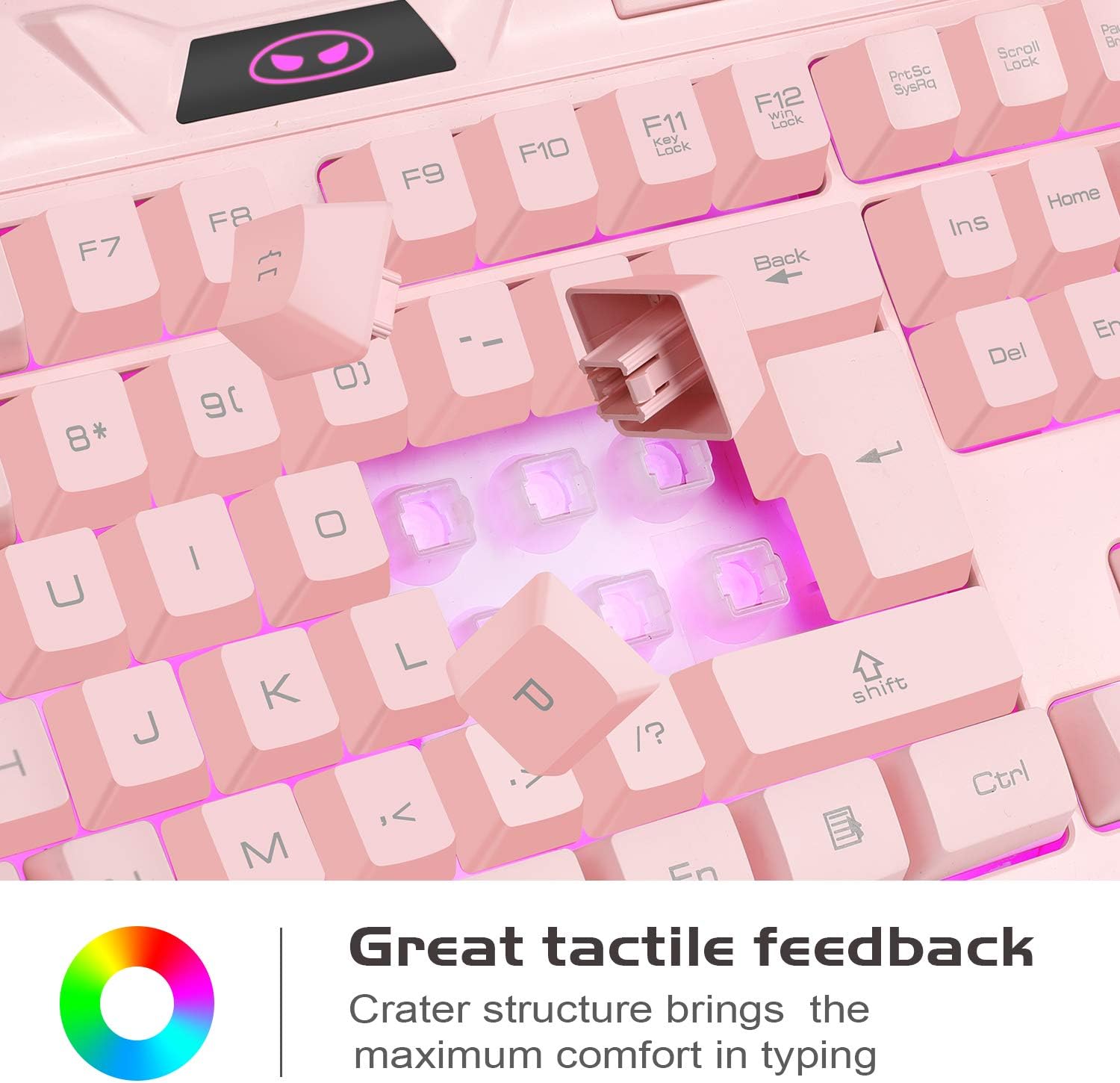 Close-up of MageGee GK710 keyboard keycaps, showing the crater structure for tactile feedback.